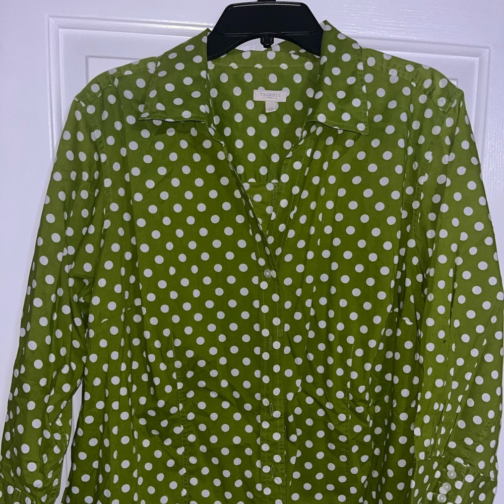 Talbots Green and White Polka Dot Button Down Shirt